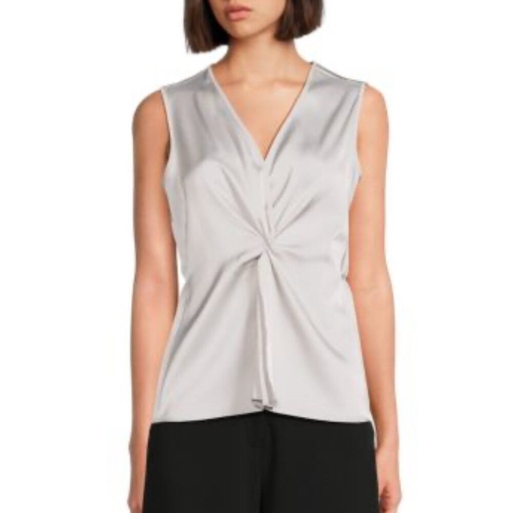 NWT Calvin Klein Twisted Surplice Top Metallic Silver Sleeveless V Neck Size L